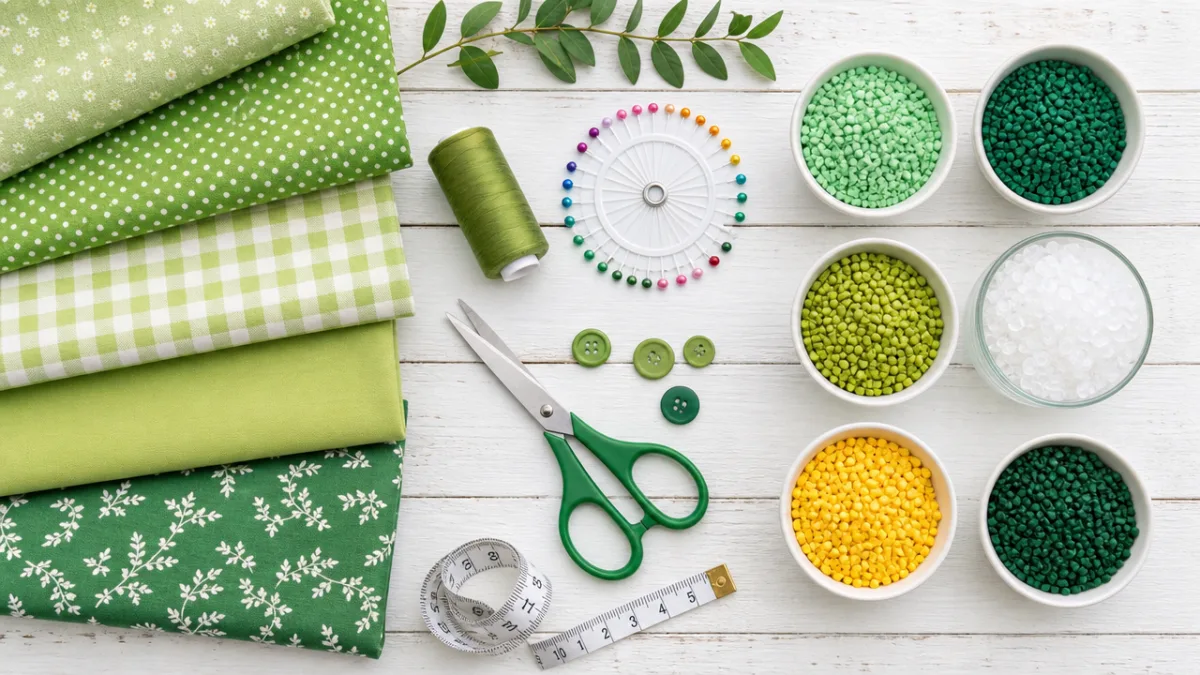a flat lay of colorful green fabrics, sewing tools, and plastic pellets…