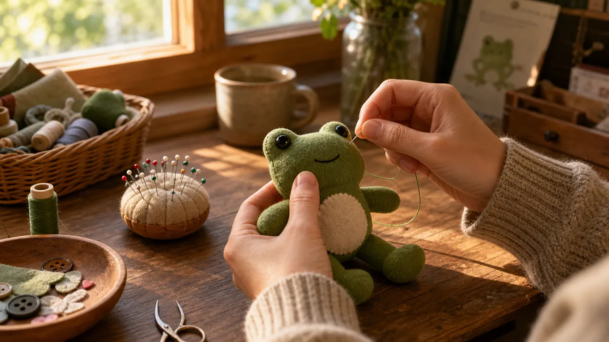 hands carefully sewing a small green stuffed frog toy at a wooden…