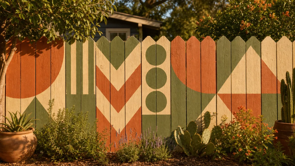 a wooden garden fence painted with bold geometric patterns in earthy terracotta…