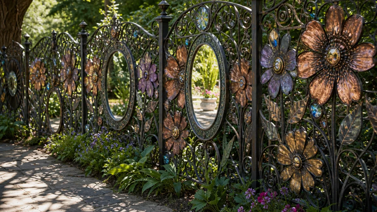 an ornate garden fence decorated with large metal flower sculptures and mirrors,…