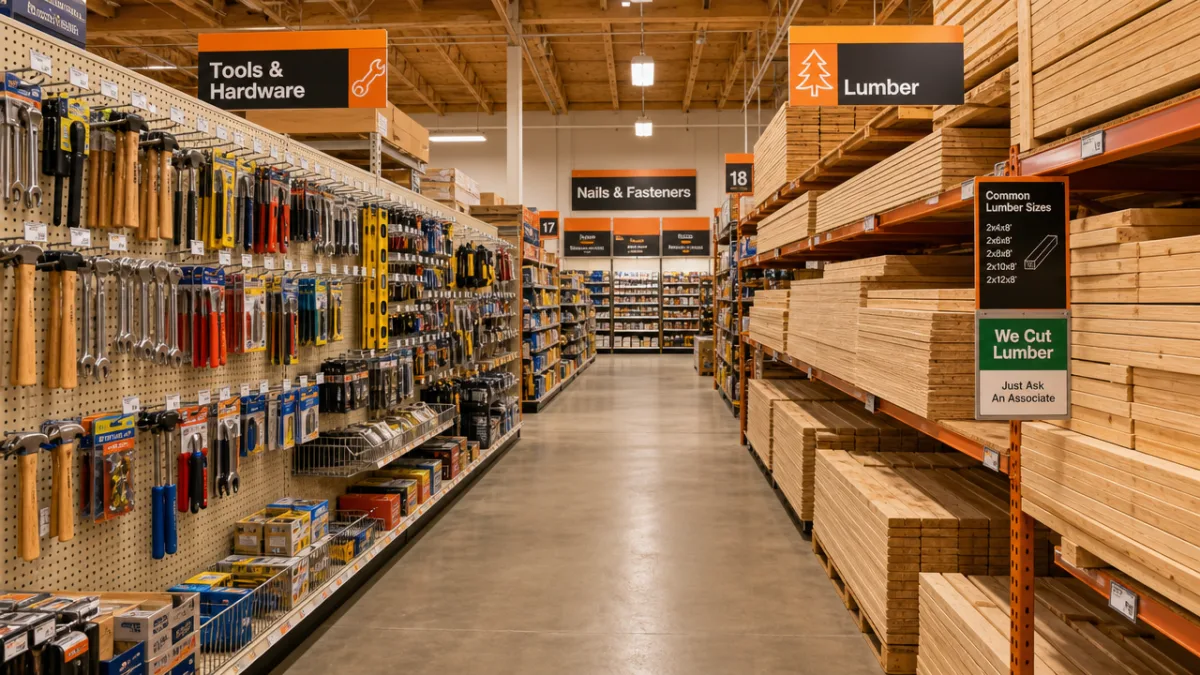 a well-lit hardware store aisle with pegboard sheets and wooden lumber stacked…