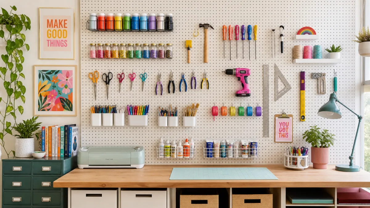 an organized pegboard wall covered with colorful tools and craft supplies in…
