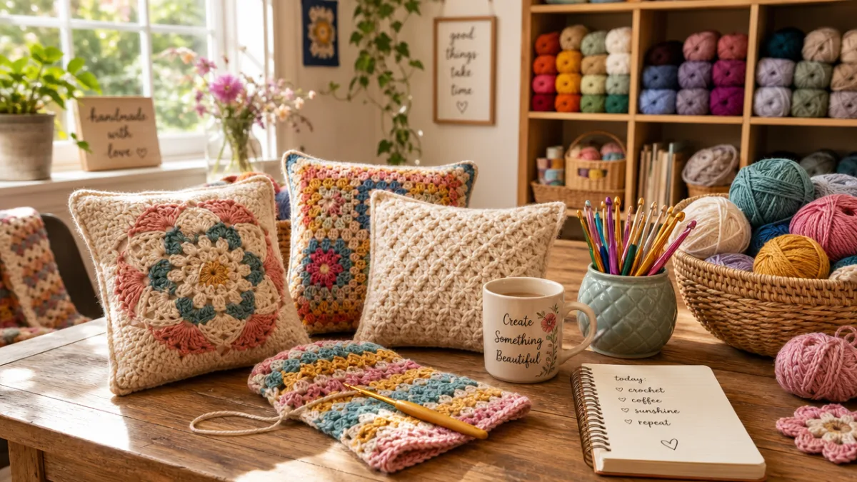 a cozy sunlit craft room with colorful yarn skeins, crochet hooks, and…