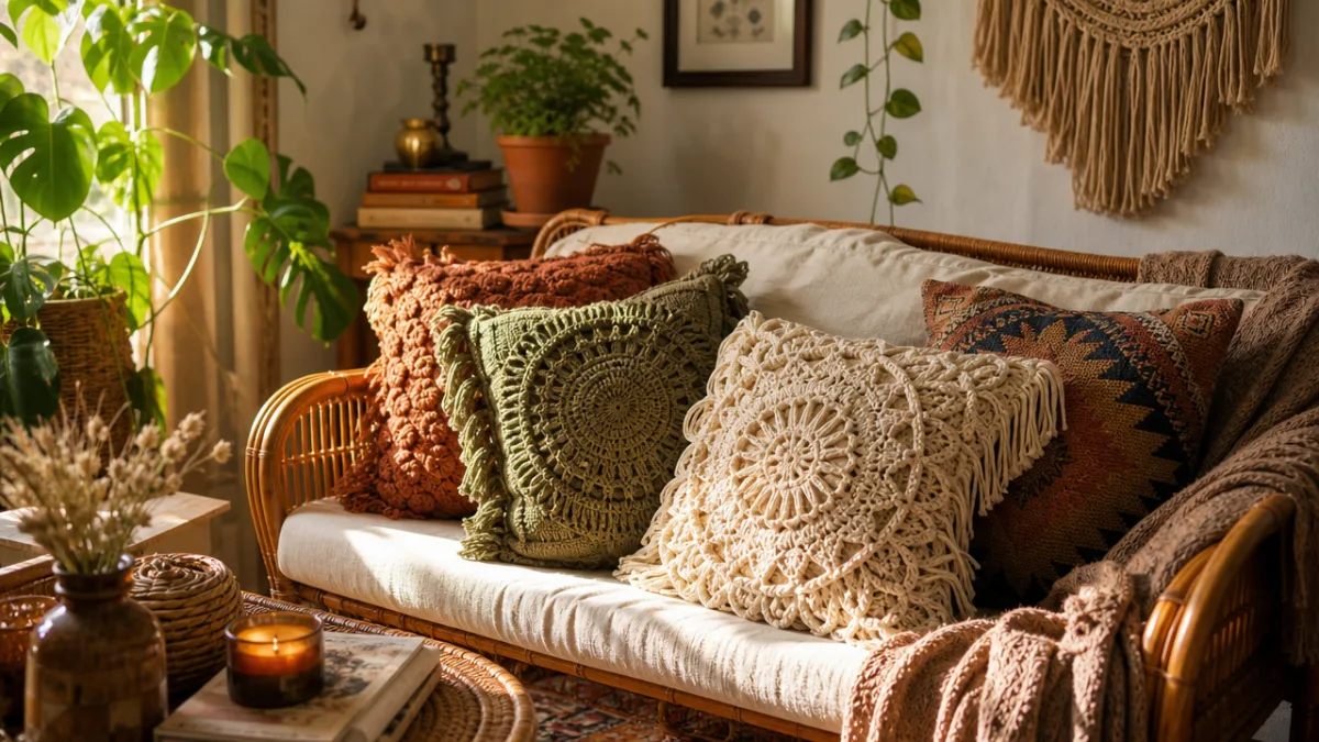 a bohemian living room corner with layered textured crochet pillows on a…
