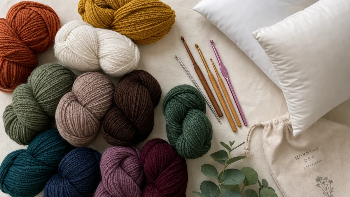a flat lay of assorted yarn skeins in earthy and jewel tones…