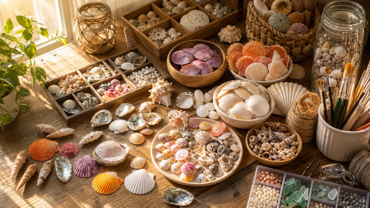 a sun-drenched wooden table covered with sorted colorful seashells and craft supplies,…
