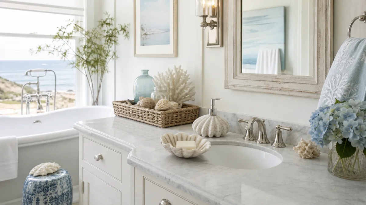 a beautifully styled coastal bathroom with seashell soap dish and accessories, soft…