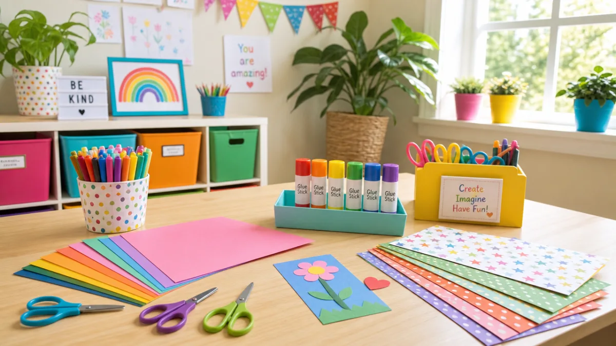 a colorful children's craft table with neatly arranged paper, scissors, and glue…
