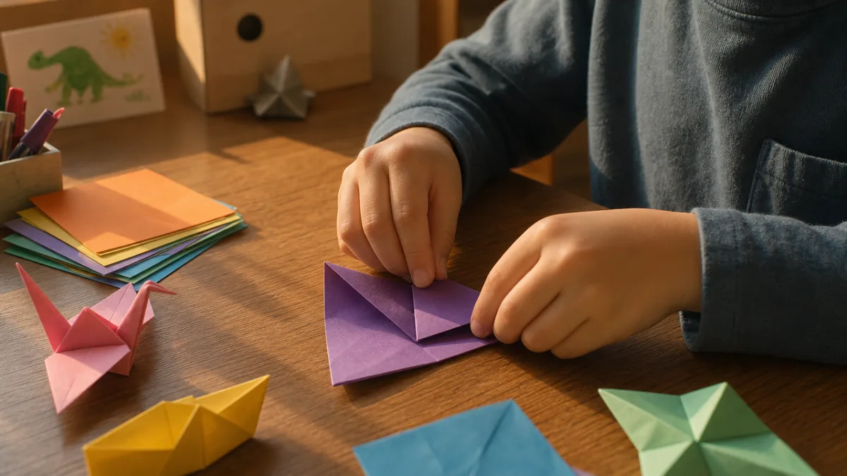 a child's hands carefully folding colorful origami paper on a wooden desk,…