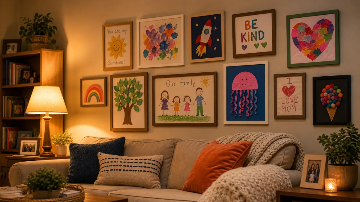 a cozy family living room gallery wall displaying framed children's paper crafts…