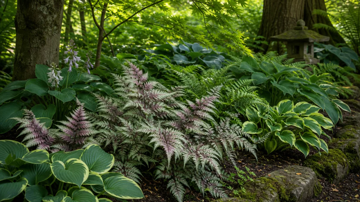 a lush shaded woodland garden bed featuring Japanese painted ferns alongside hostas,…