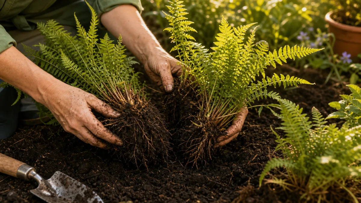 a gardener's hands dividing a fern clump in rich dark soil, warm…