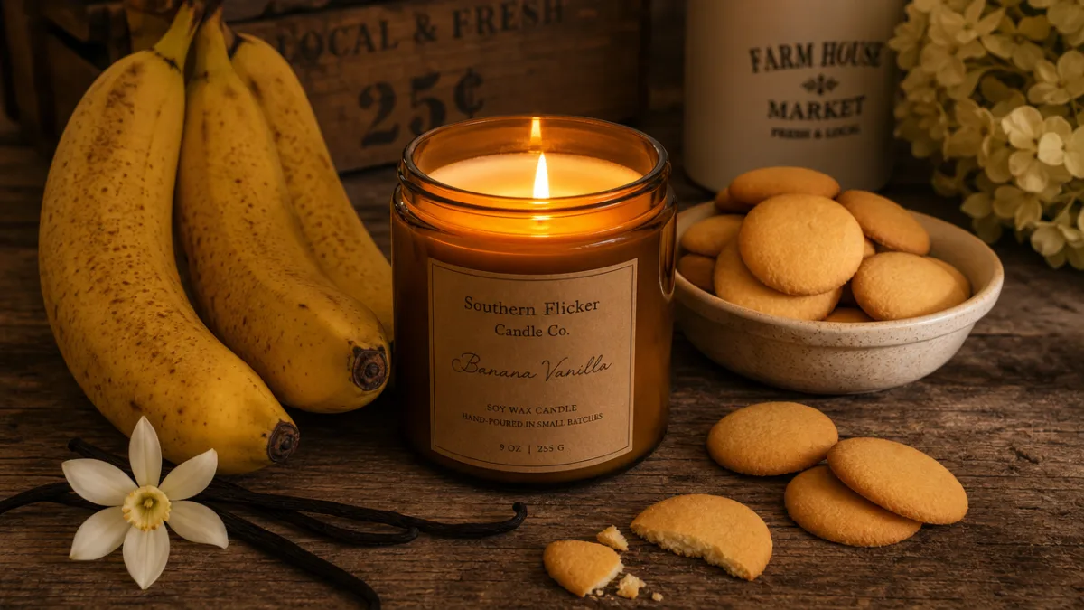 a rustic wooden table with a lit soy wax candle glowing warmly,…