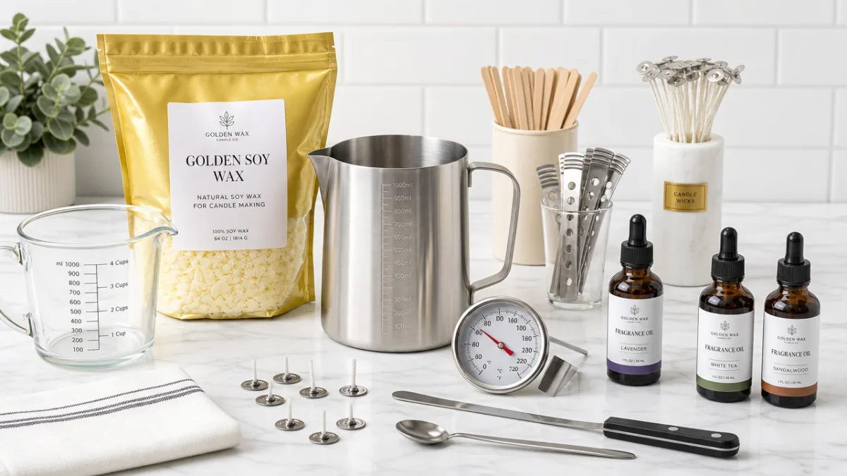 candle-making supplies neatly arranged on a white marble countertop, including pouring pitcher,…