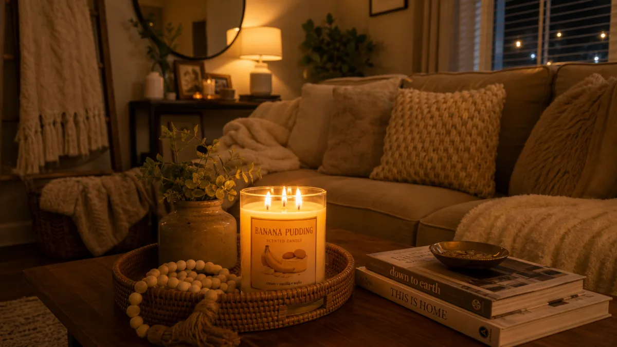 a cozy living room with a glowing banana pudding candle on a…