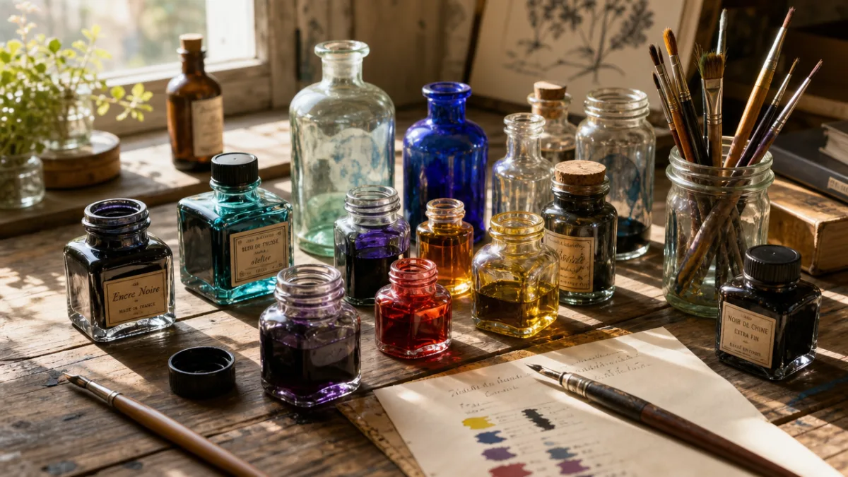 assorted glass bottles and jars arranged on a wooden table with colorful…