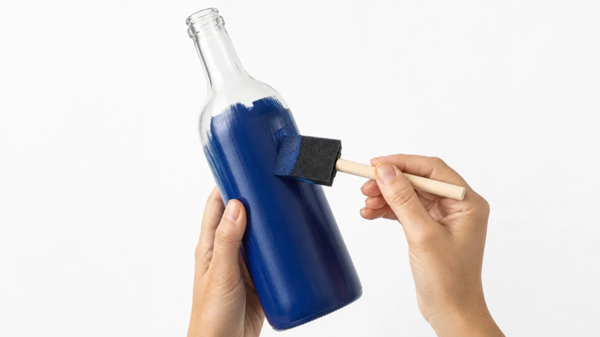 hands painting a glass bottle in deep blue with foam brush, soft…