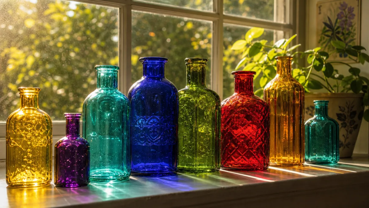 a sunlit windowsill displaying finished tinted glass bottles in jewel tones, warm…