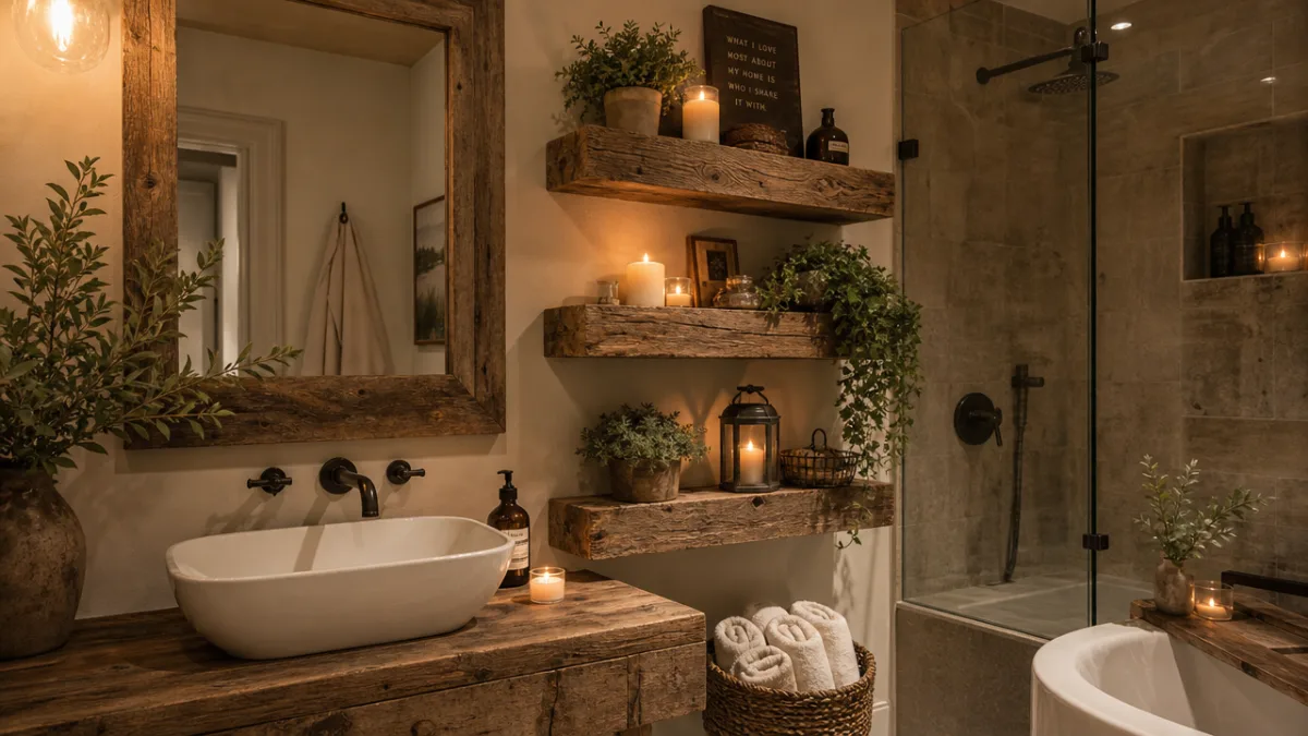 a rustic bathroom with reclaimed wood floating shelves holding candles and plants,…