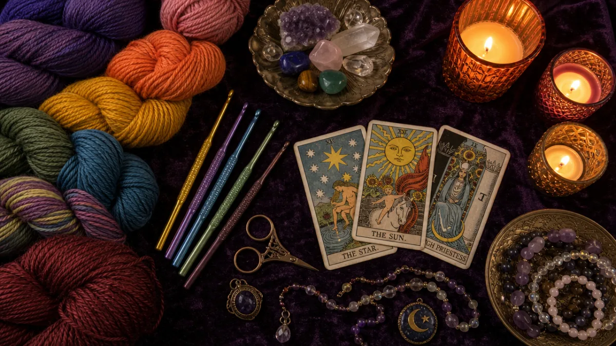 a flat lay of colorful yarn skeins, crochet hooks, tarot cards and…