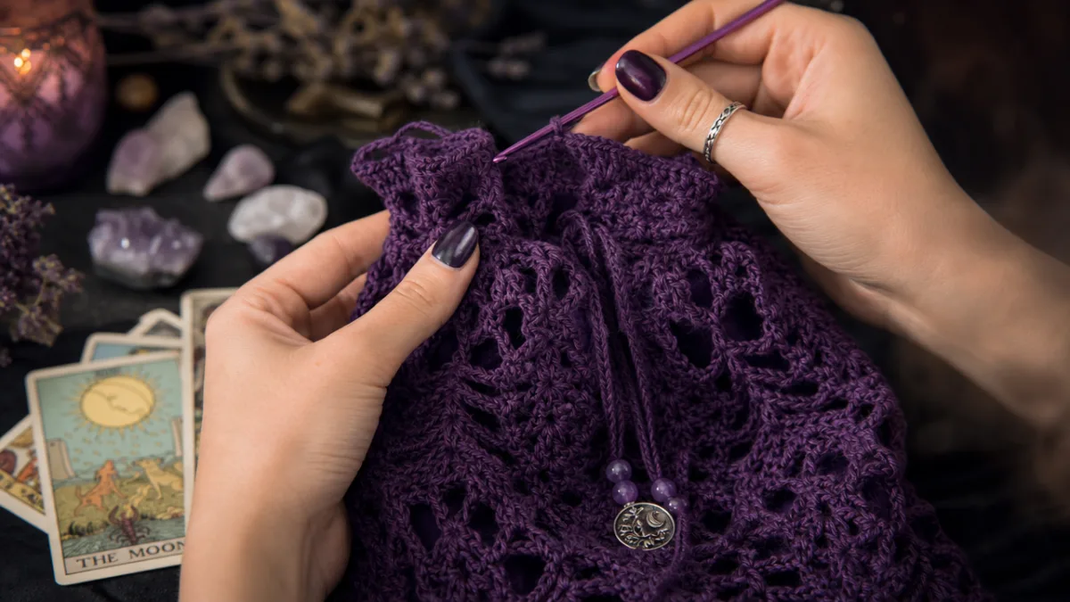close-up of hands crocheting a deep purple lace tarot bag with tarot…