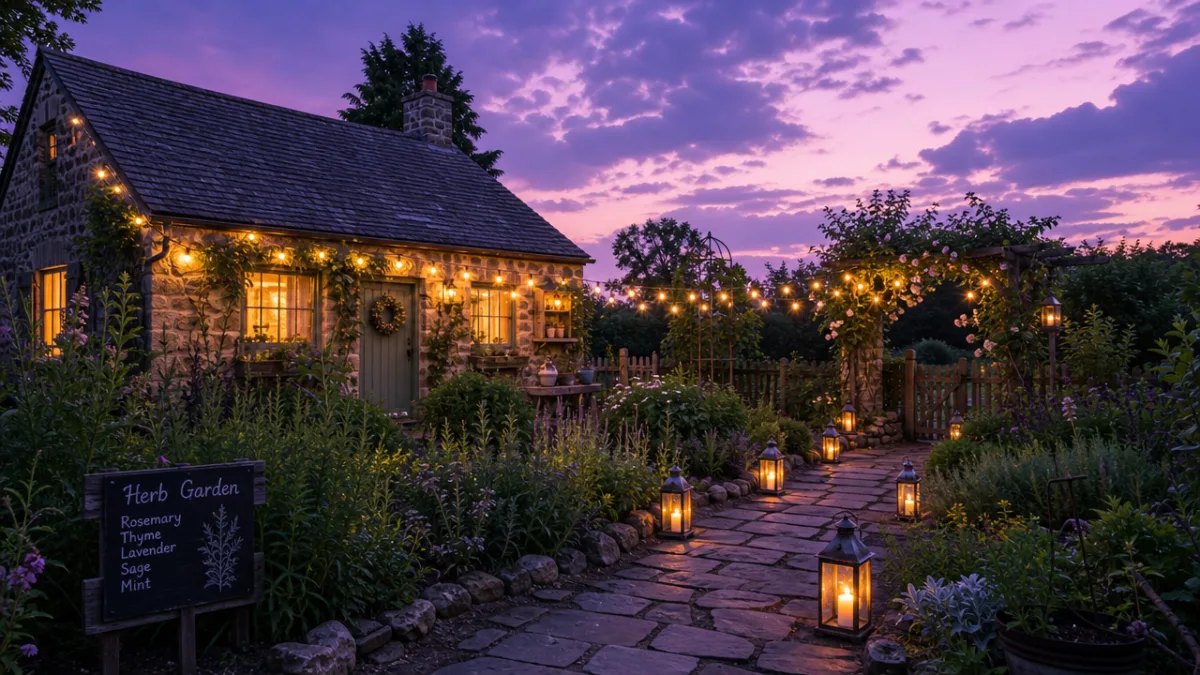 a cottage herb garden at twilight with glowing fairy lights, lanterns on…