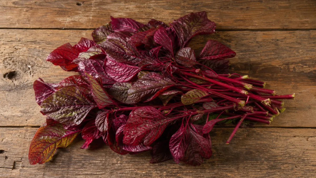 a flat lay of fresh red-leafed Nigerian spinach on a rustic wooden…