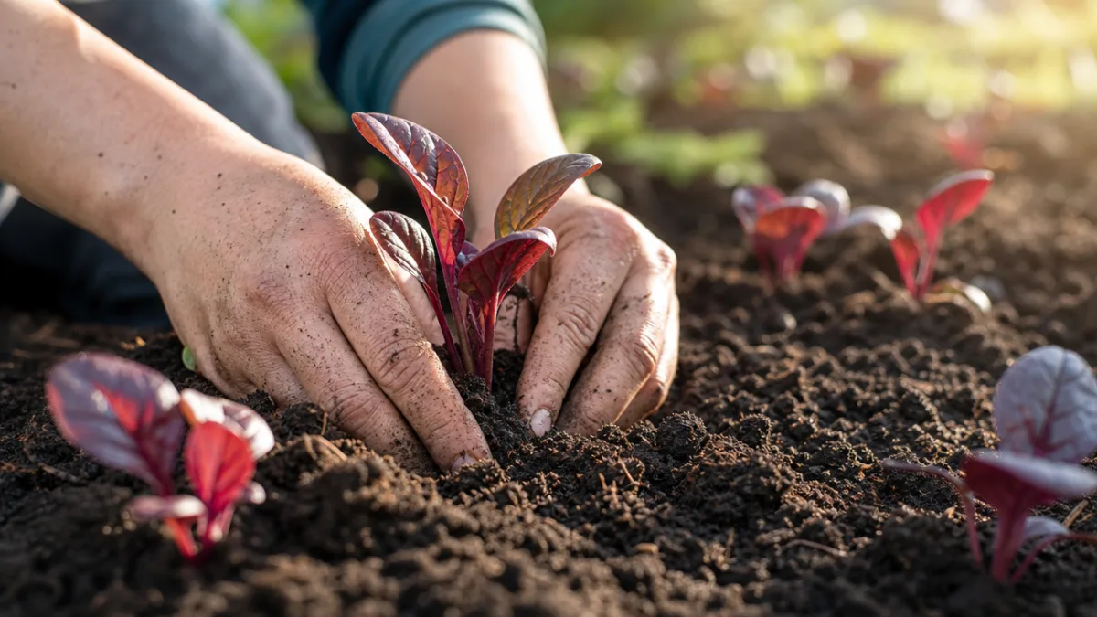 hands planting small red spinach seedlings into rich dark garden soil, soft…