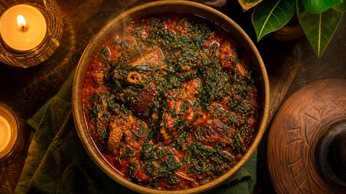 a steaming bowl of traditional Efo Riro stew with vibrant red-green spinach…