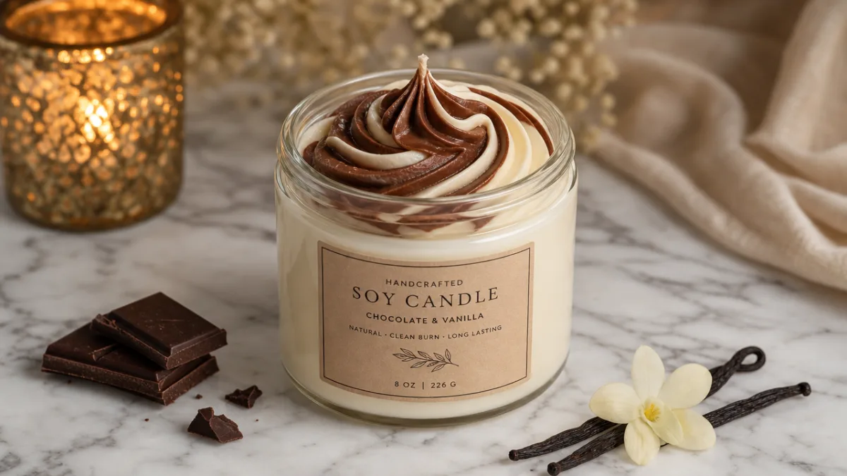 a handcrafted soy candle with swirled chocolate and vanilla top, soft warm…