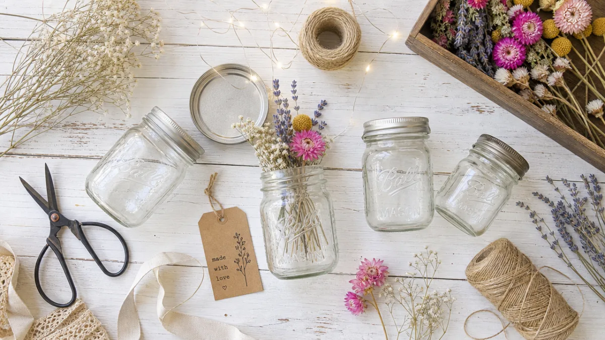 flat lay of mason jars, dried flowers, fairy lights and craft supplies…