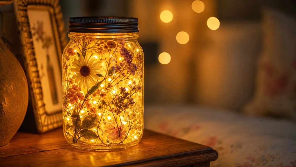 close-up of a glowing floral mason jar light on a wooden nightstand,…