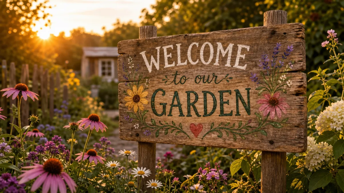a rustic wooden garden sign with handpainted text surrounded by blooming flowers,…