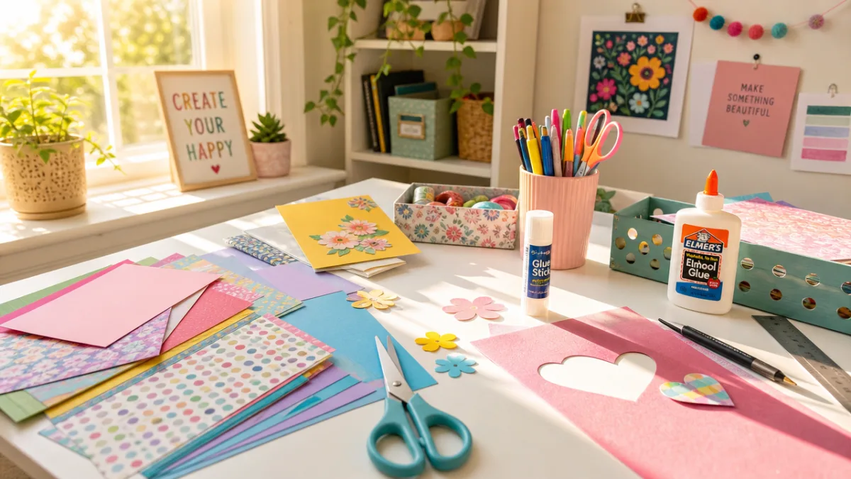 a bright crafting workspace with colorful paper, scissors and glue spread on…