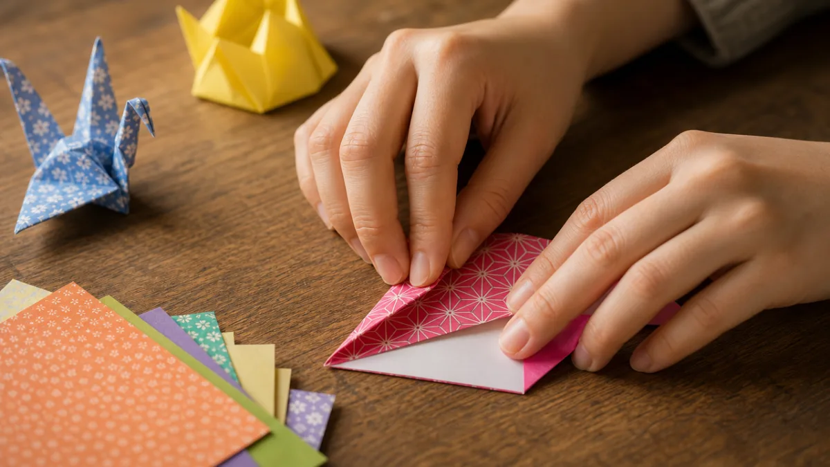 close-up of hands carefully folding colorful origami paper on a wooden desk,…