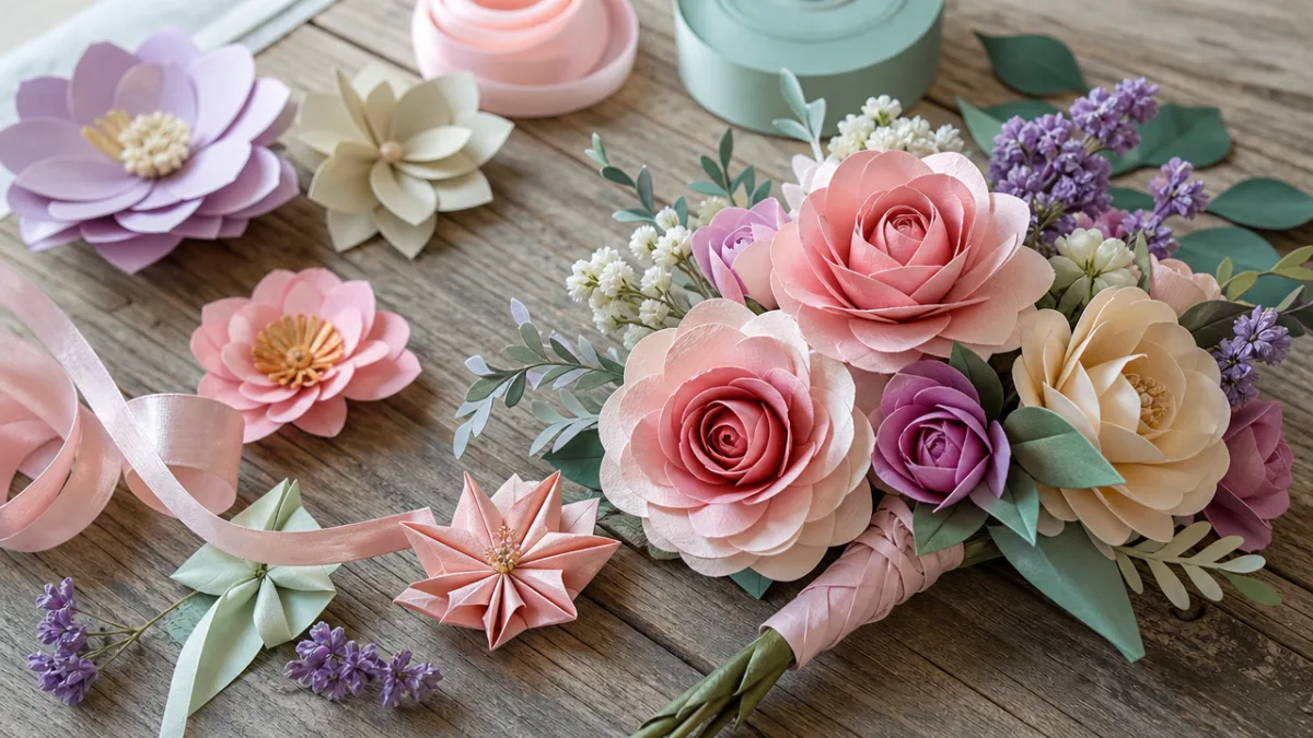 beautifully arranged handmade paper flowers and ribbon crafts displayed on a rustic…