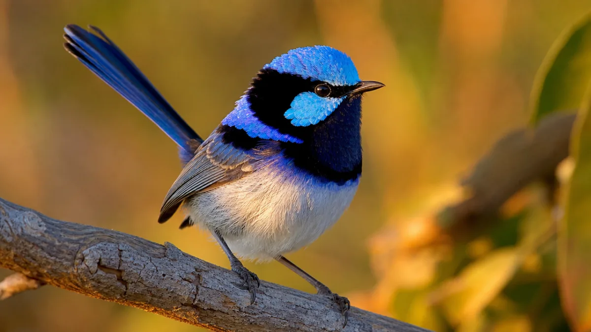a vivid close-up of a Splendid Fairy-wren male perched on a branch,…