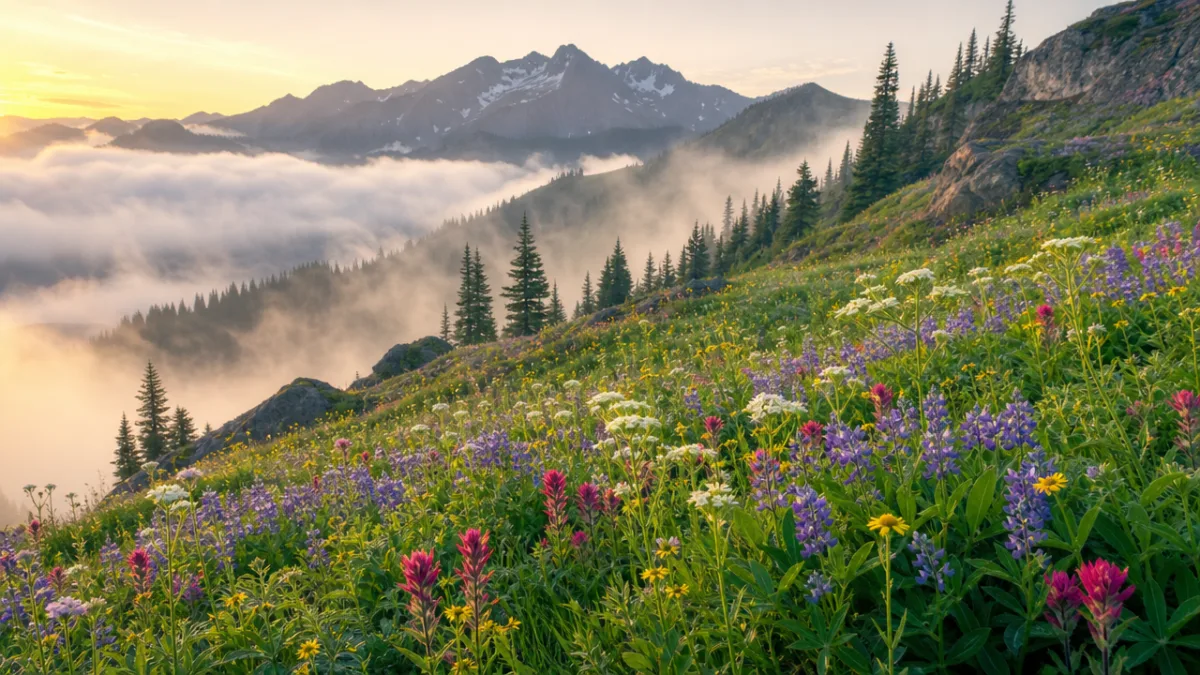 a lush alpine meadow in morning mist with wildflowers blooming on steep…