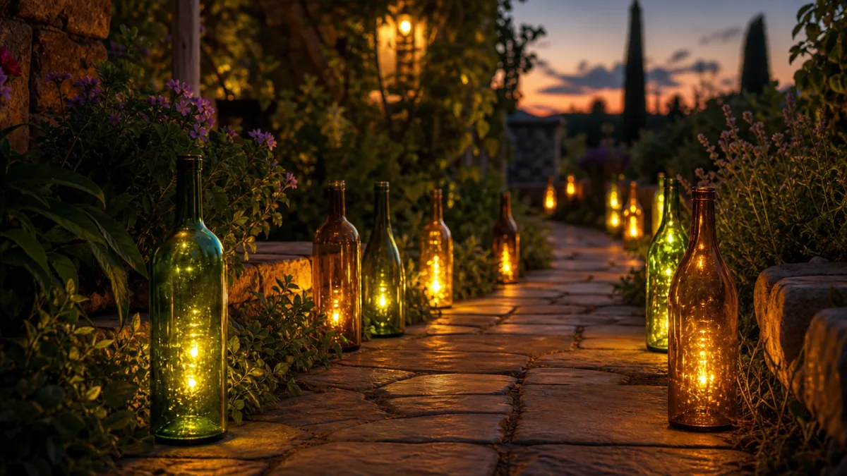 glowing wine bottles arranged along a garden path at dusk, warm golden…