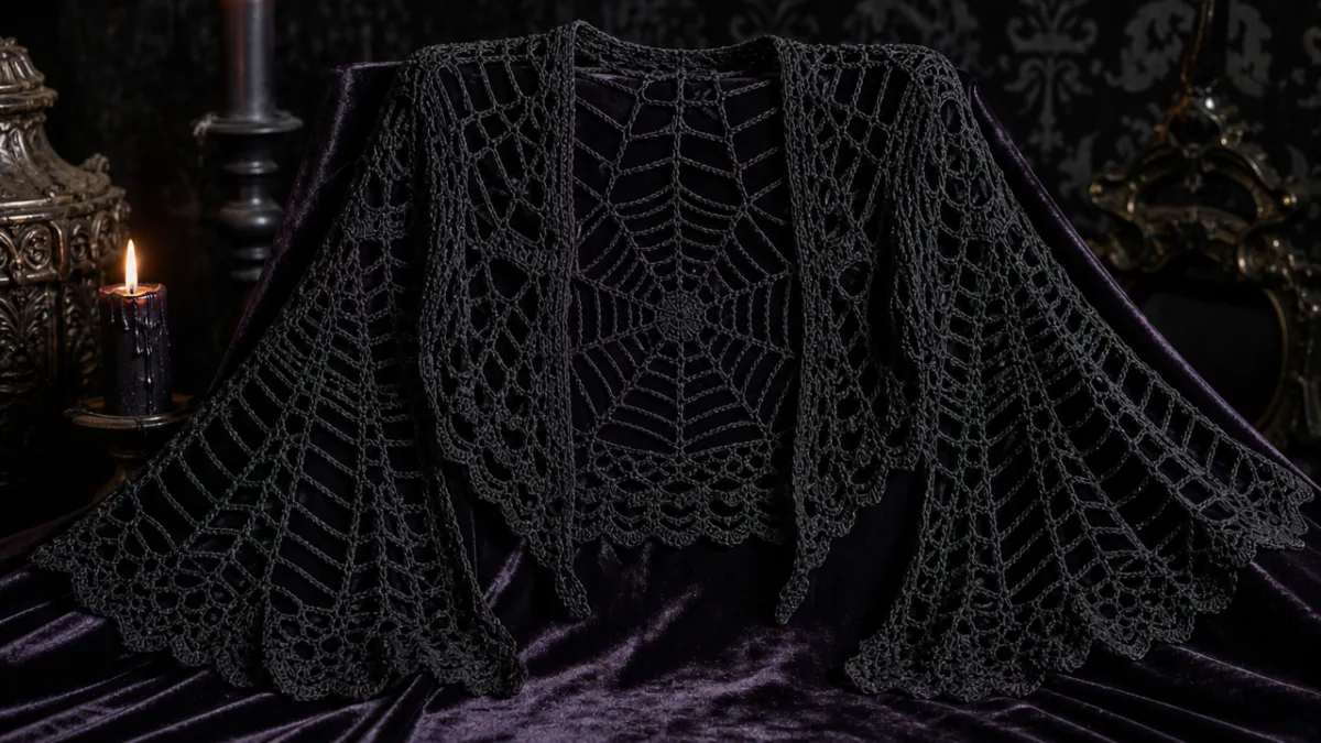 a gothic spiderweb crochet shrug draped over a dark velvet surface, moody…