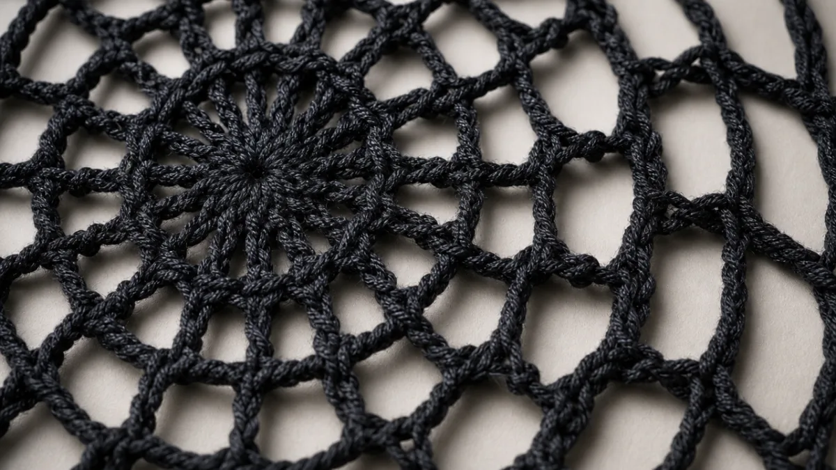 close-up detail of black spiderweb crochet lace pattern, macro photography with soft…