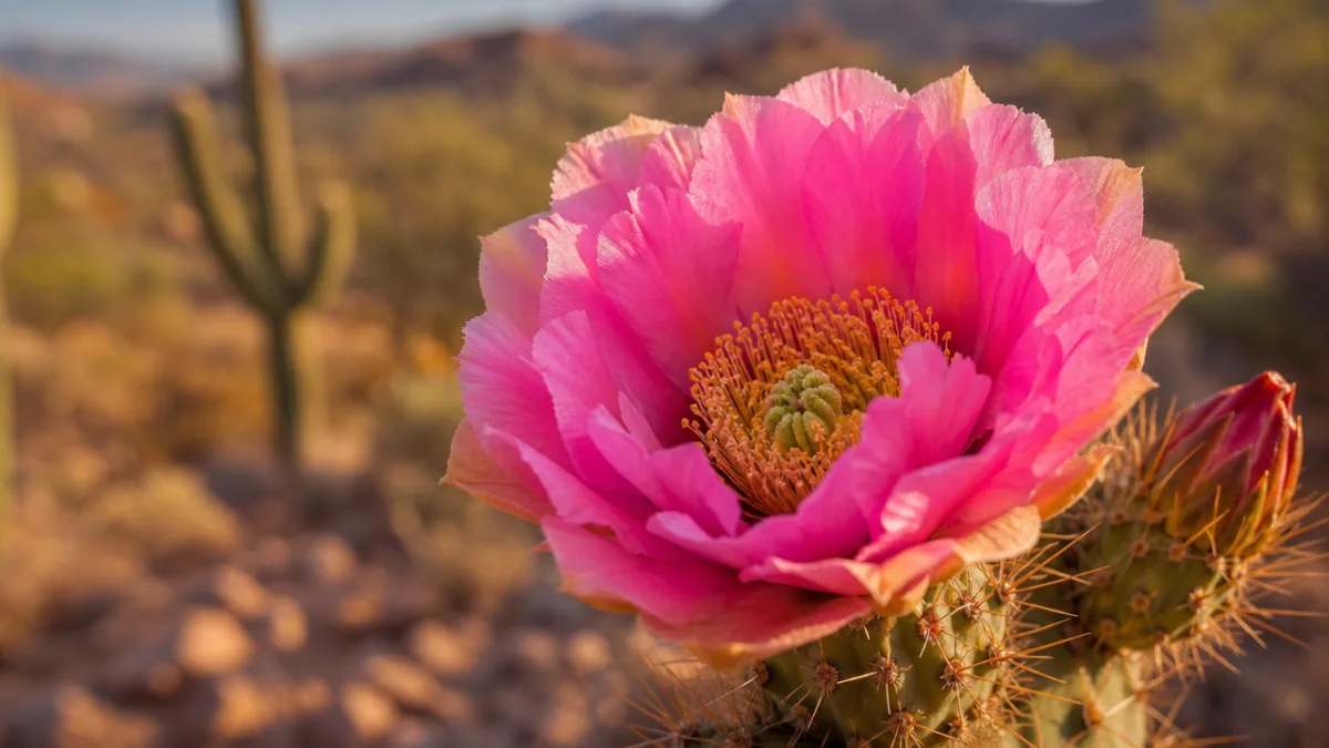 a close-up of a vibrant pink cactus bloom against a blurred desert…
