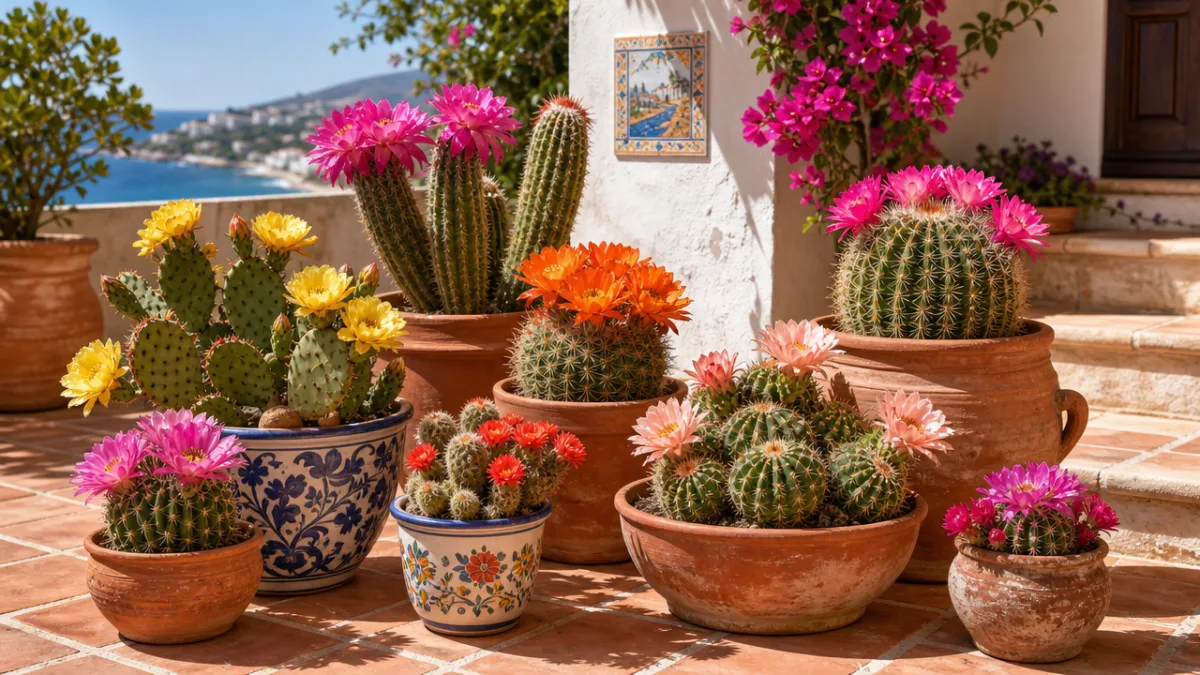 a collection of potted blooming cacti on a sun-drenched terracotta patio, bright…