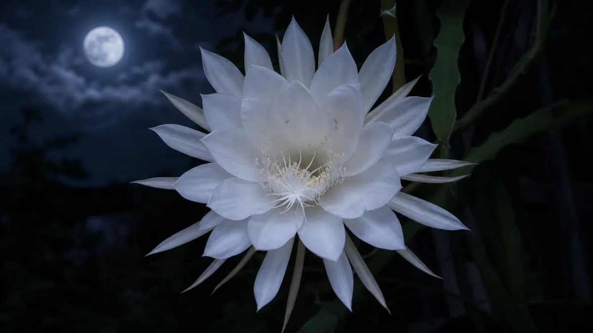 a single white night-blooming cactus flower fully open under soft moonlight, dark…
