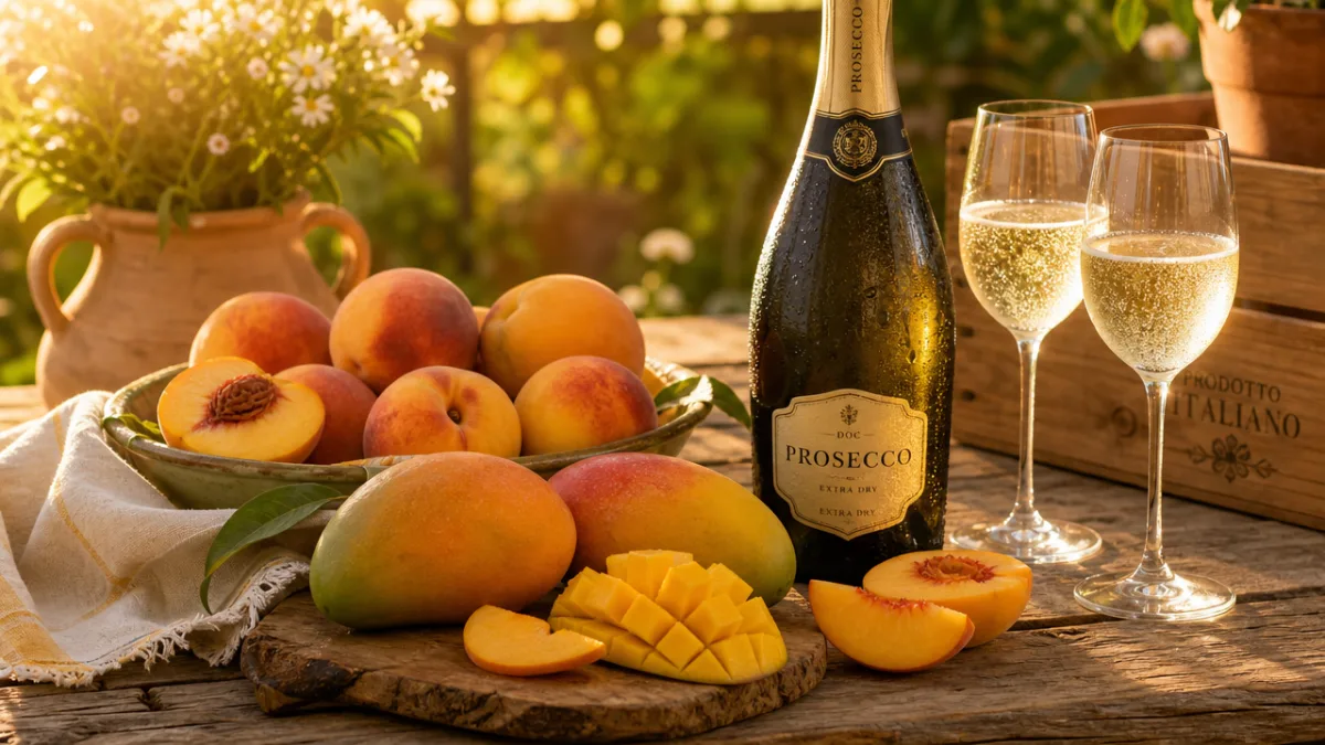 a rustic wooden table with ripe golden peaches and mangoes arranged beside…