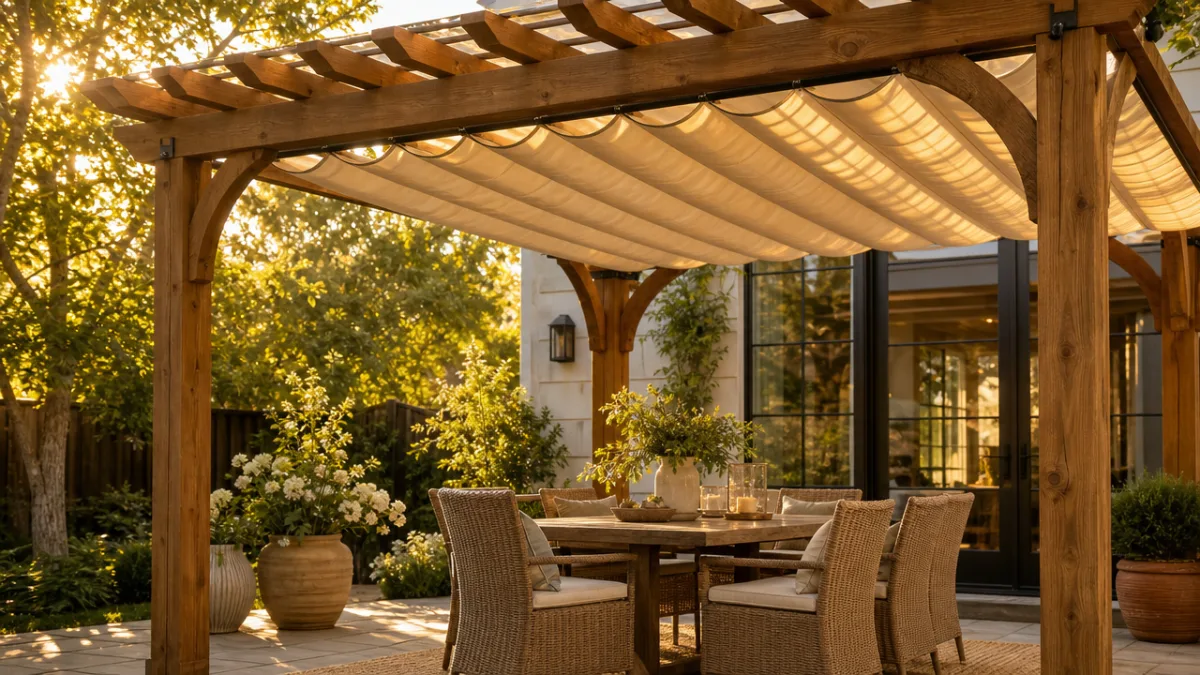 a wood pergola with retractable fabric canopy over a patio dining set,…