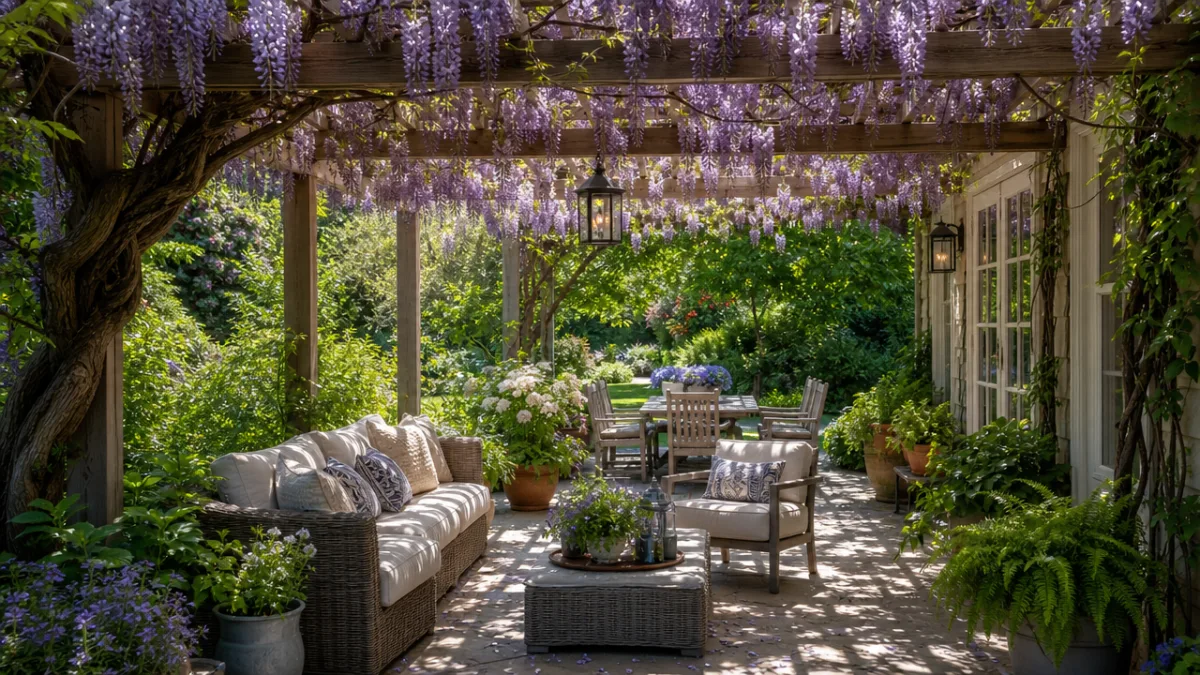 a lush backyard pergola draped in wisteria vines with dappled shade below,…