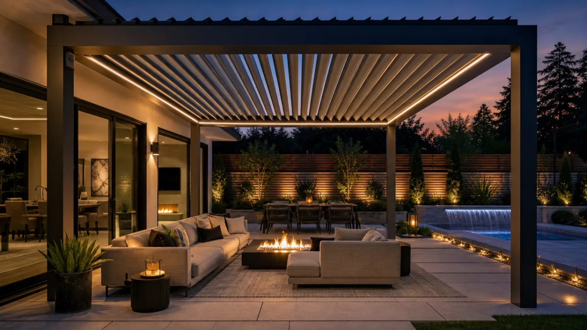 a modern backyard with motorized louvered roof pergola over outdoor furniture, evening…