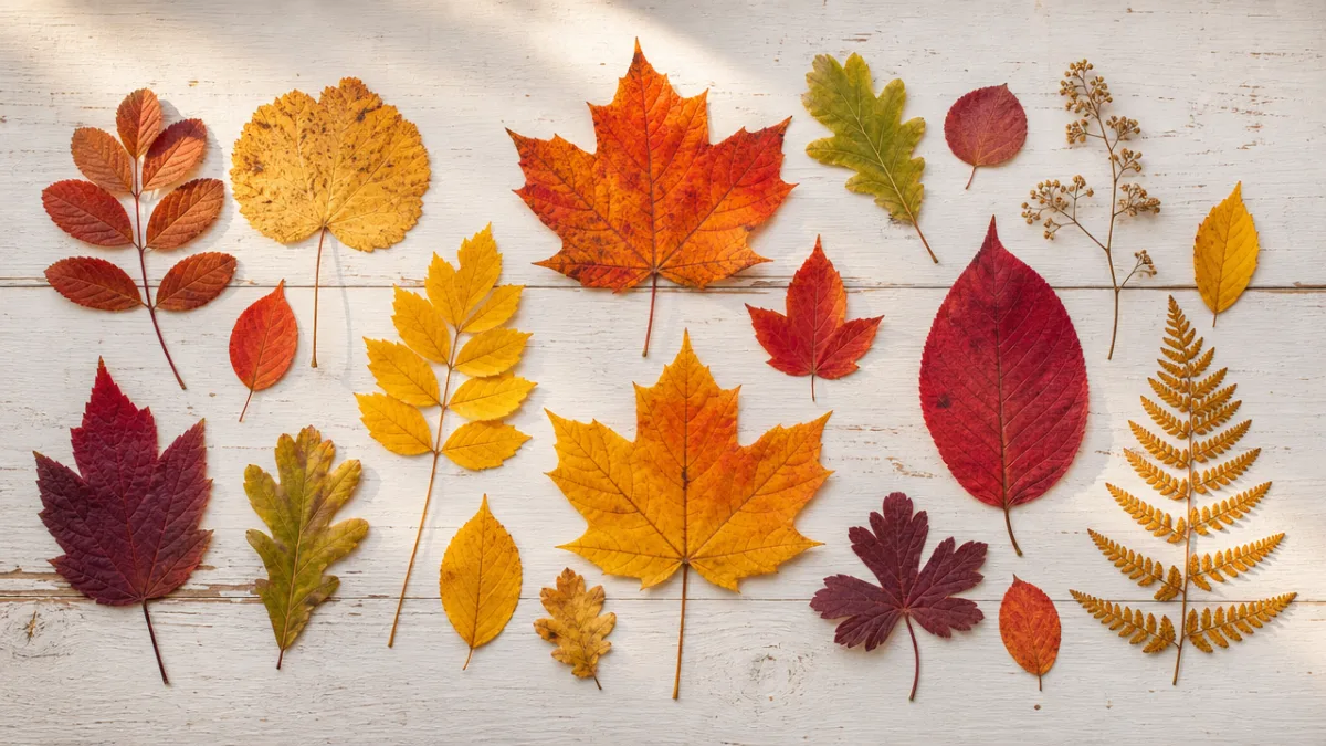 a flat lay of colorful pressed autumn leaves arranged on a white…