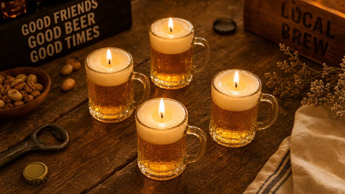 a warm flatlay of tiny beer candles glowing on a rustic wooden…